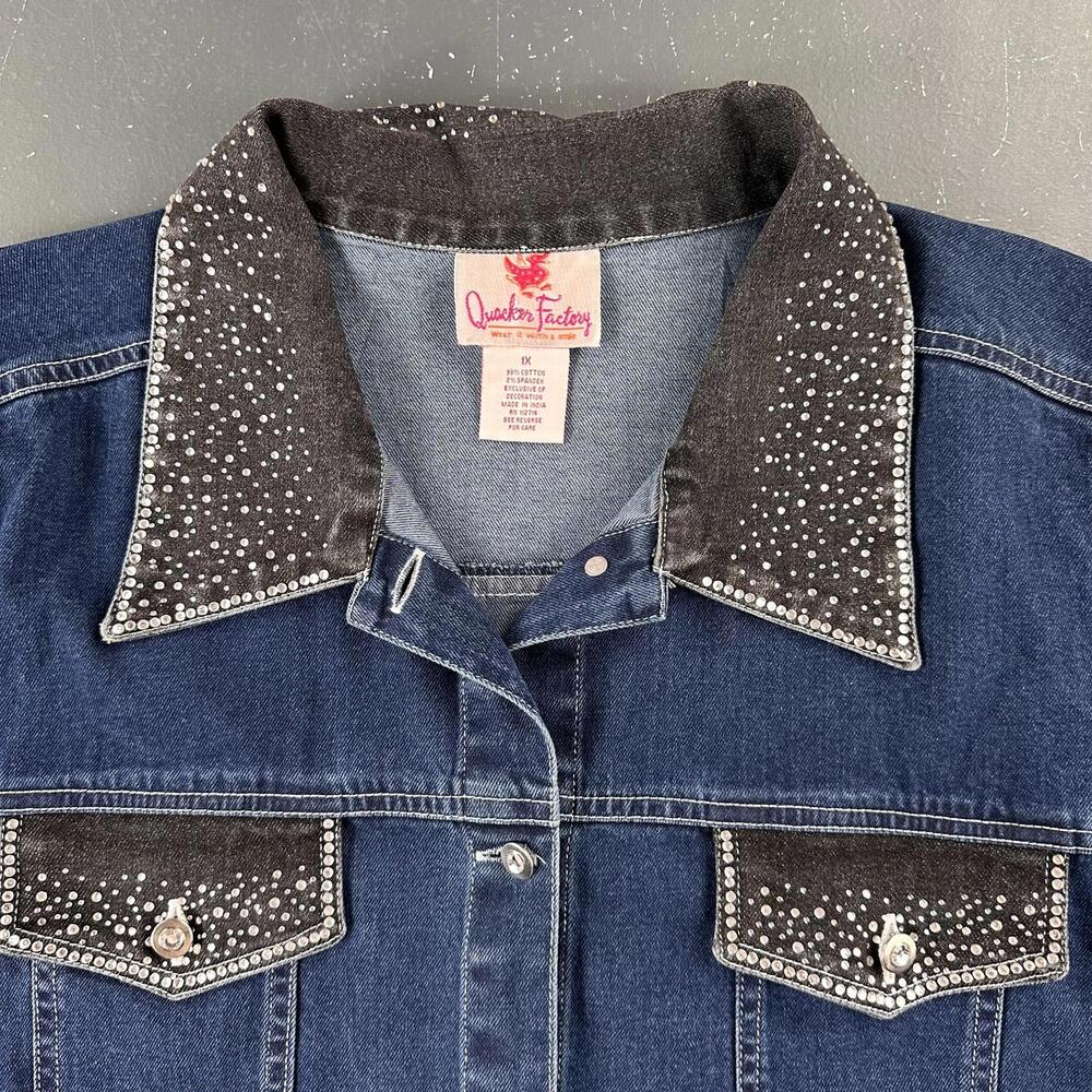 Quaker Factory Denim Jacket Womens 1X Dark Wash Bedazzled Cottage Whimsi Fairy - Picture 3 of 8